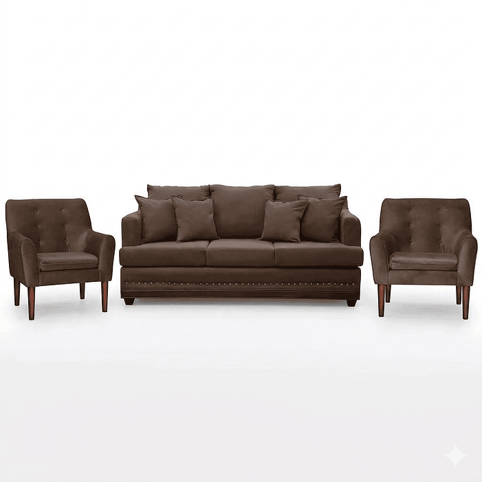 Set Sofa 3c Estambul tachas  Tela Chocolate + 2 poltronas Bergen Chocolate 1