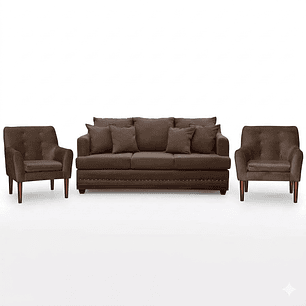 Set Sofa 3c Estambul tachas  Tela Chocolate + 2 poltronas Bergen Chocolate
