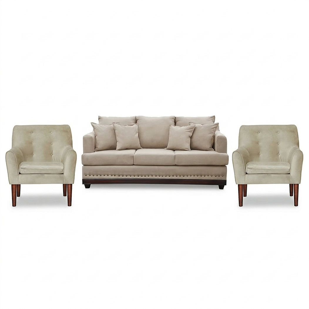 Set Sofa 3c Estambul tachas  Tela Beige + 2 poltronas Bergen Beige 1