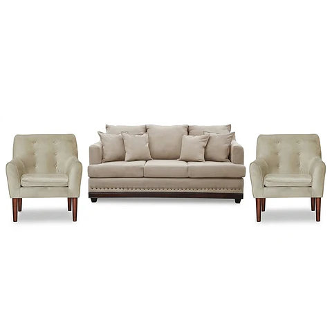 Set Sofa 3c Estambul tachas  Tela Beige + 2 poltronas Bergen Beige