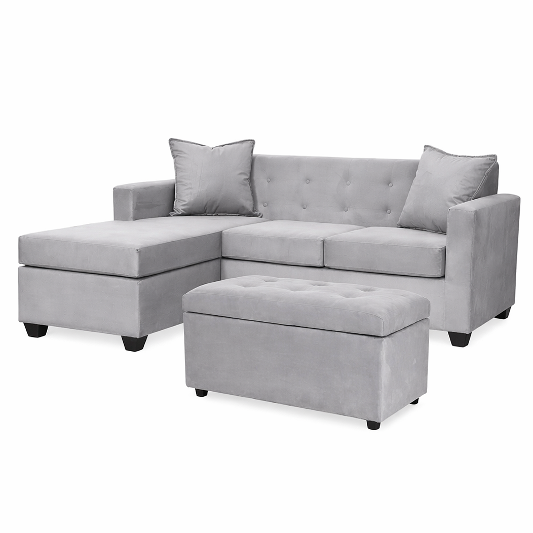 Set Seccional  Gramado Felpa Grey + Banqueta baul felpa Grey 1