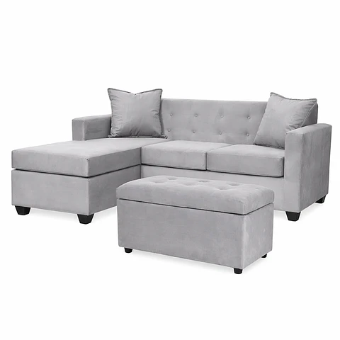 Set Seccional  Gramado Felpa Grey + Banqueta baul felpa Grey