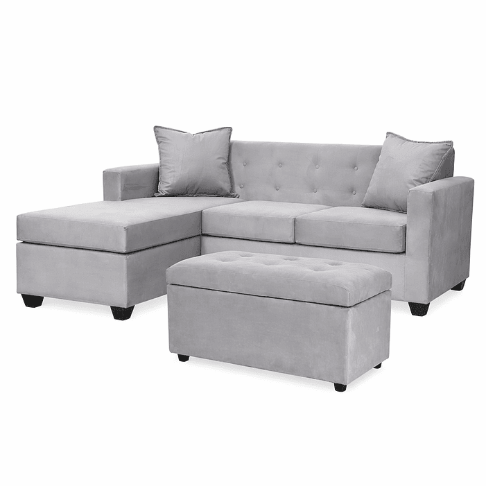 Set Seccional  Gramado Felpa Grey + Banqueta baul felpa Grey 1