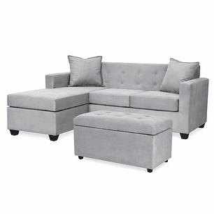 Set Seccional  Gramado Felpa Grey + Banqueta baul felpa Grey