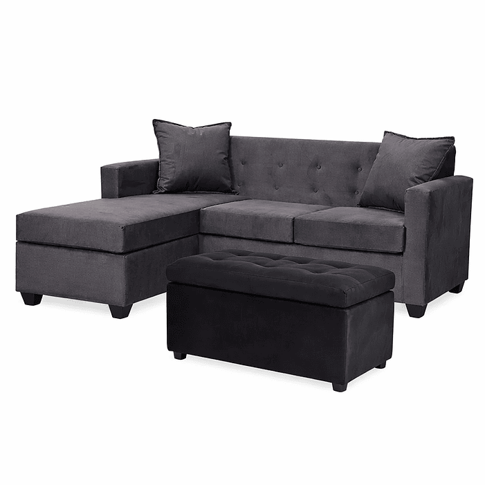 Set Seccional  Gramado Felpa Dark Grey + Banqueta baul felpa Dark Grey 1