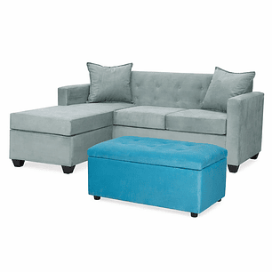 Set Seccional  Gramado Felpa Turquesa + Banqueta baul felpa Turquesa