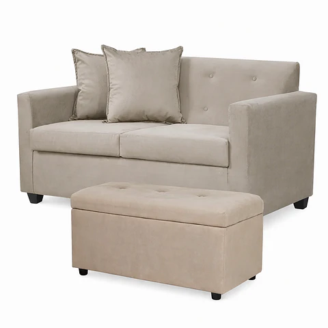 Set Sofa 2c Gramado Felpa Beige + Banqueta Baul Felpa Beige