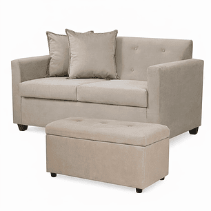 Set Sofa 2c Gramado Felpa Beige + Banqueta Baul Felpa Beige
