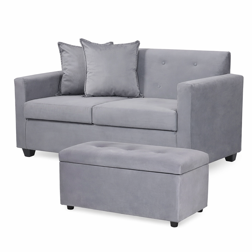 Set Sofa 2c Gramado Felpa Grey + Banqueta Baul Felpa Grey 1