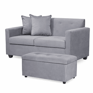 Set Sofa 2c Gramado Felpa Grey + Banqueta Baul Felpa Grey