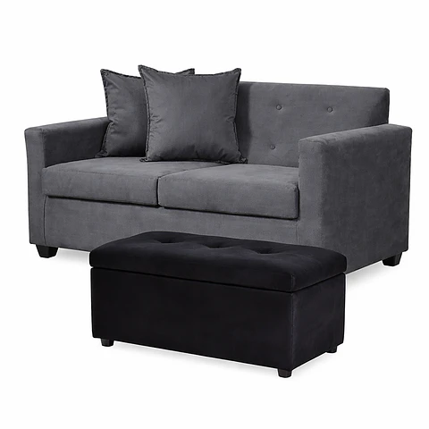 Set Sofa 2c Gramado Felpa Dark Grey + Banqueta Baul Felpa Dark Grey