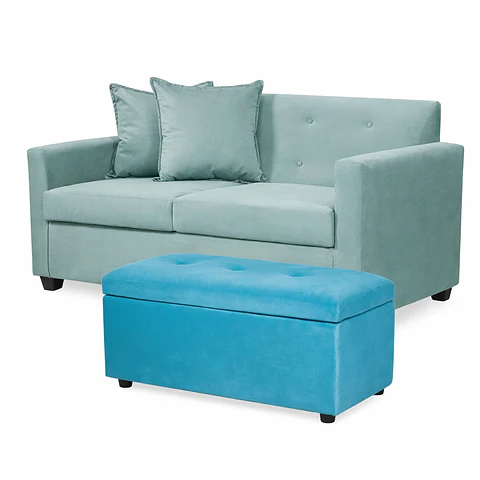 Set Sofa 2c Gramado Felpa Turquesa  + Banqueta Baul Felpa Turquesa