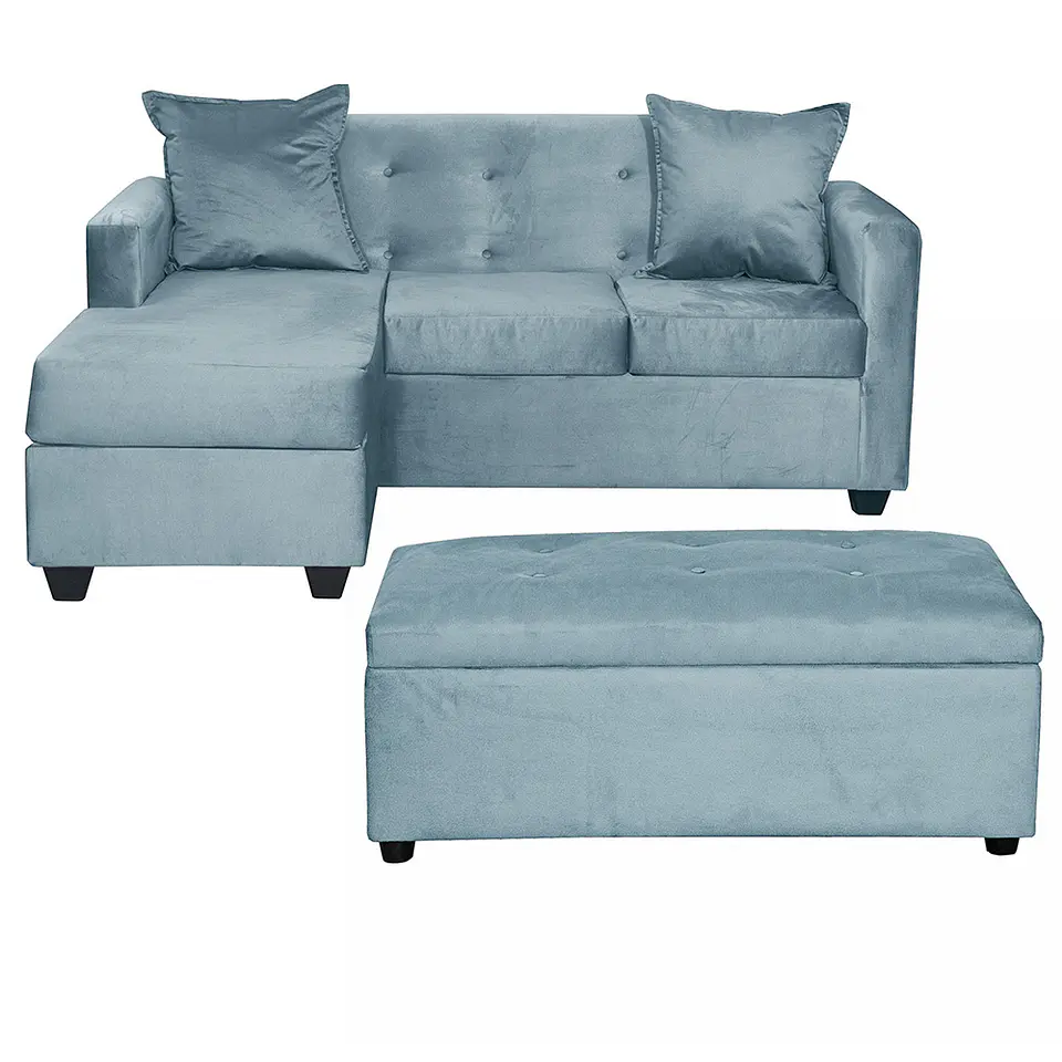 Set Seccional Gramado Felpa Turquesa + Banqueta baul felpa Turquesa 1
