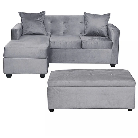 Set Seccional Gramado Felpa Gris + Banqueta Baúl felpa Gris