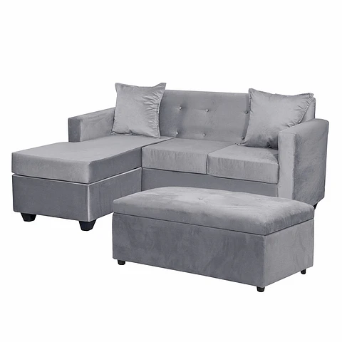 Set Seccional Gramado Felpa Gris + Banqueta Baúl felpa Gris