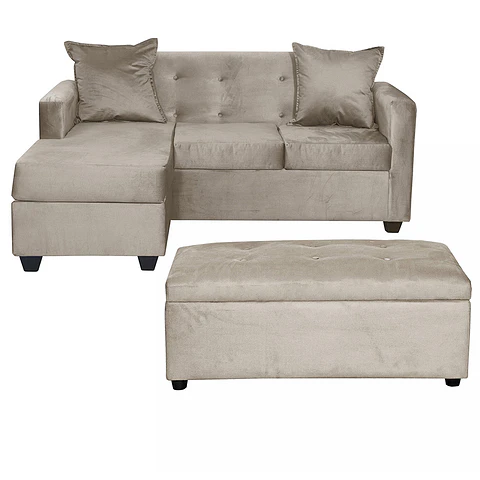Set Seccional Gramado Felpa Beige + Banqueta baul felpa Beige
