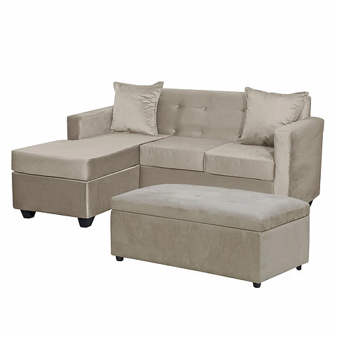 Set Seccional Gramado Felpa Beige + Banqueta baul felpa Beige