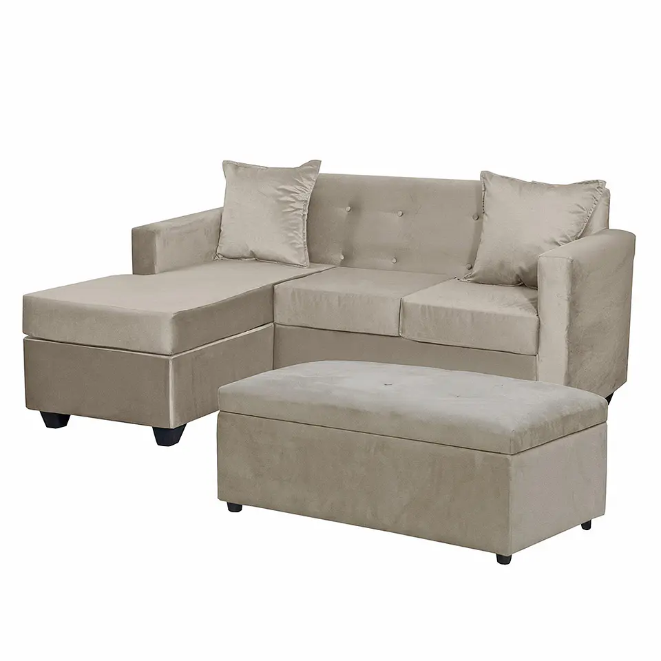 Set Seccional Gramado Felpa Beige + Banqueta baul felpa Beige 2