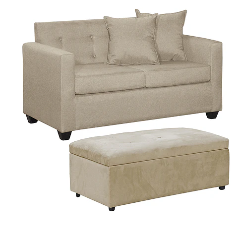 Set Sofa 2c Gramado Felpa Beige + Banqueta Baul Felpa Beige