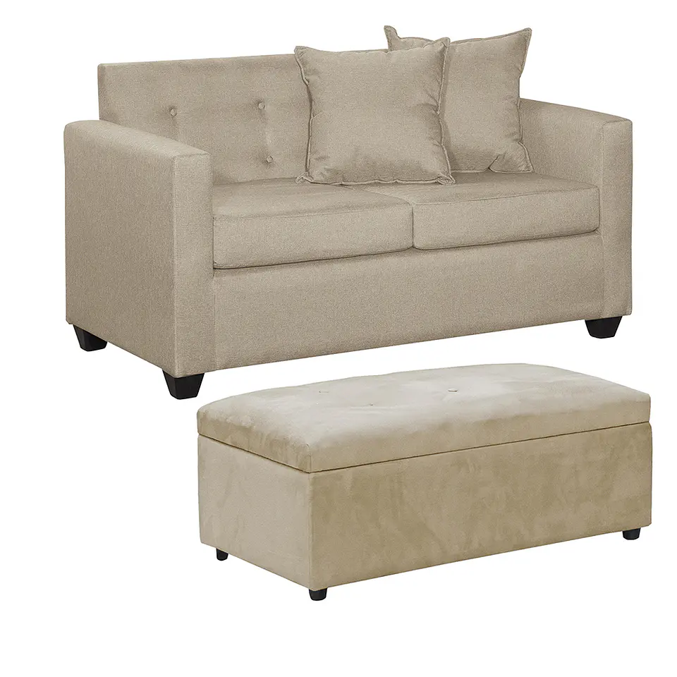 Set Sofa 2c Gramado Felpa Beige + Banqueta Baul Felpa Beige 2