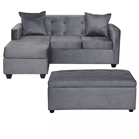 Set Seccional Gramado Felpa Dark Grey + Banqueta baul felpa Dark Grey