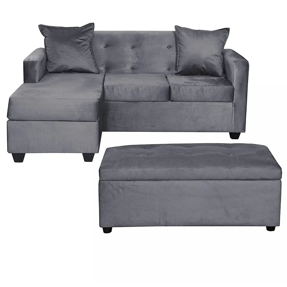 Set Seccional Gramado Felpa Dark Grey + Banqueta baul felpa Dark Grey 1