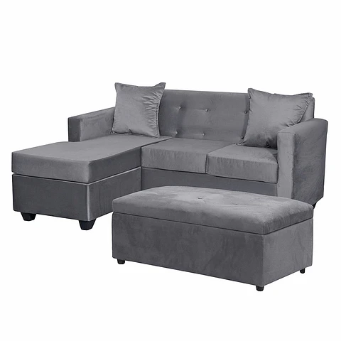 Set Seccional Gramado Felpa Dark Grey + Banqueta baul felpa Dark Grey