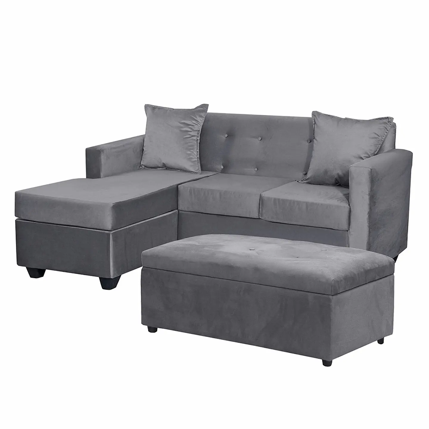 Set Seccional Gramado Felpa Dark Grey + Banqueta baul felpa Dark Grey 2