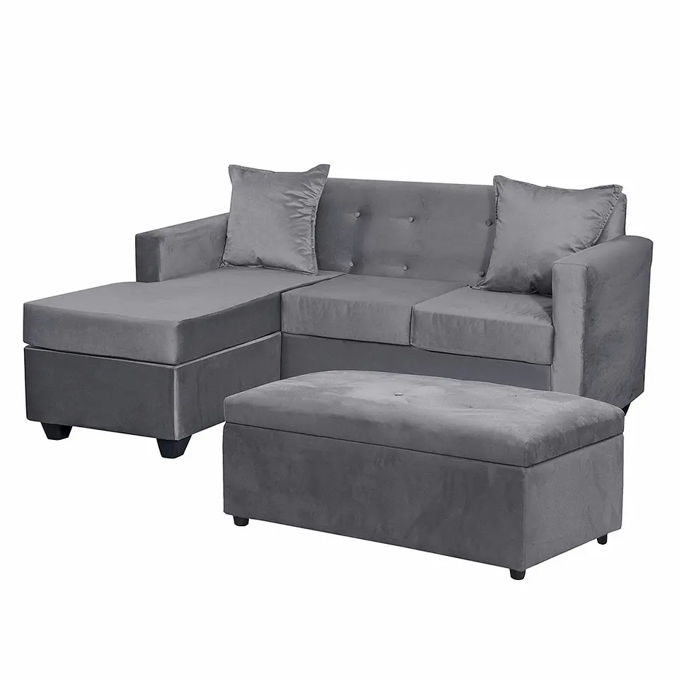 Set Seccional Gramado Felpa Dark Grey + Banqueta baul felpa Dark Grey 2