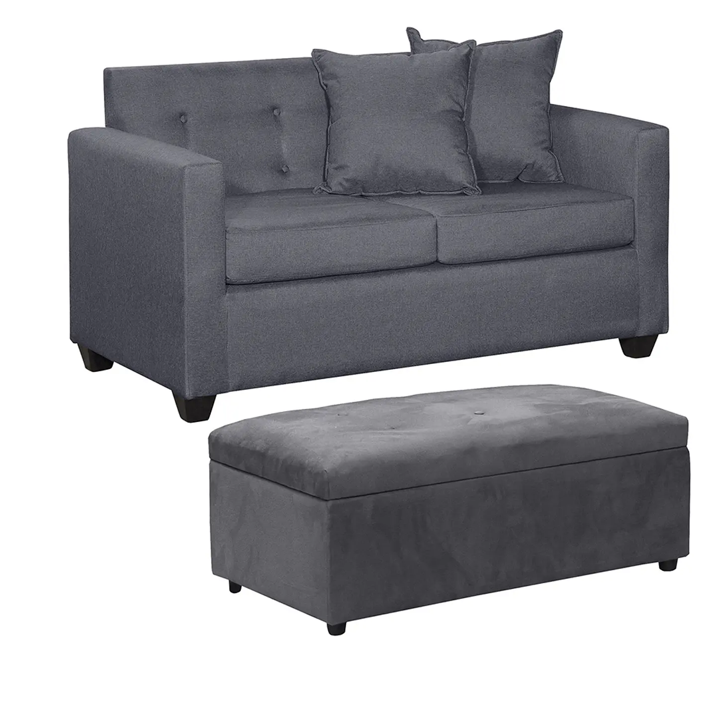 Set Sofa 2c Gramado Felpa Dark Grey + Banqueta Baul Felpa Dark Grey 2