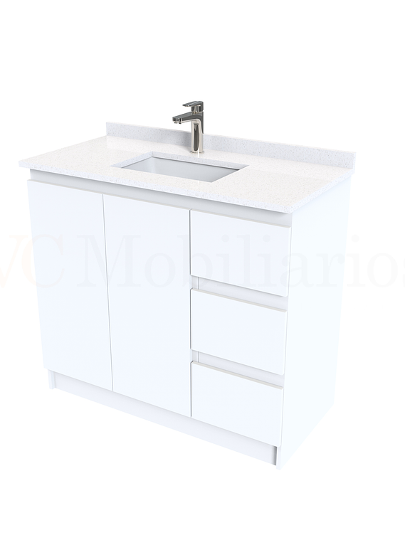 Mueble vanitorio al piso de 100 cm con cubierta de cuarzo M2-1038 / Blanco 1