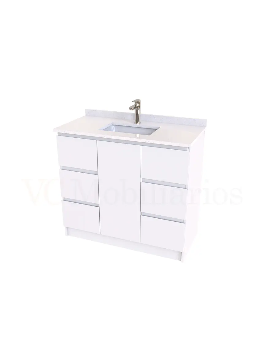 Mueble vanitorio al piso de 90 cm con cubierta de cuarzo M6-938 / Blanco 1