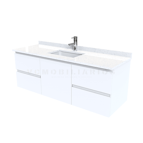 Mueble vanitorio aereo de 140 cm con cubierta de cuarzo / M2-1438-A / Blanco alto brillo 