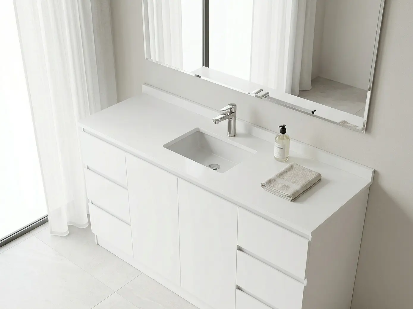 Mueble vanitorio al piso de 150 cm con cubierta de cuarzo M2-1538 / Blanco 1