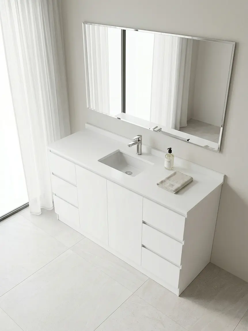 Mueble vanitorio al piso de 150 cm con cubierta de cuarzo M2-1538 / Blanco 1