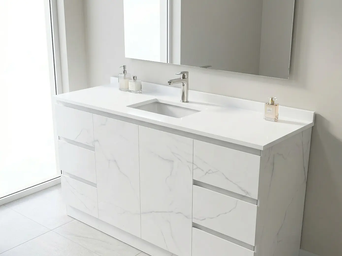 Mueble vanitorio al piso de 140 cm con cubierta de cuarzo M6-1438 /  Marmara 1