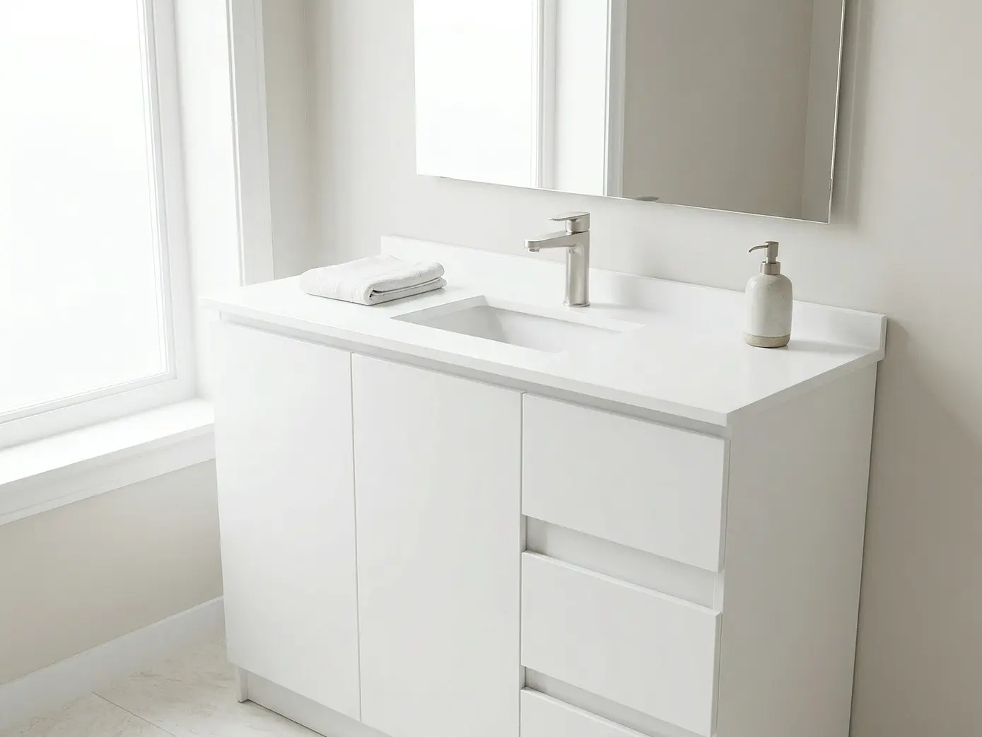 Mueble vanitorio al piso de 130 cm con cubierta de cuarzo M2-1338 / Blanco 1