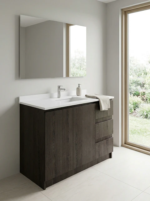 Mueble vanitorio al piso de 130 cm con cubierta de cuarzo M2-1338 / Espresso