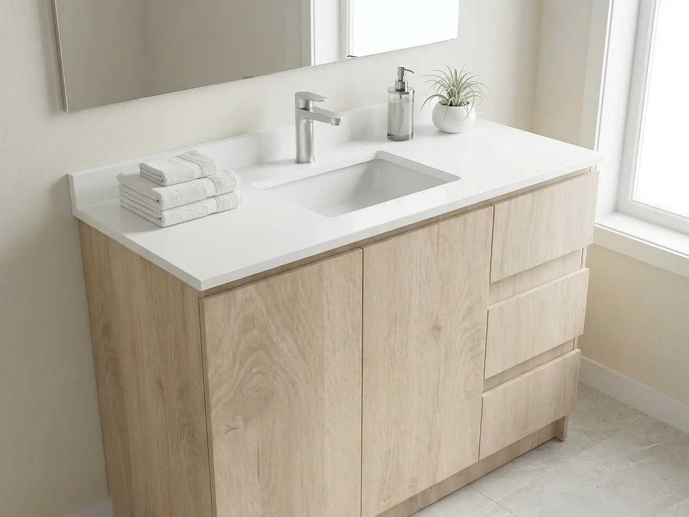 Mueble vanitorio al piso de 130 cm con cubierta de cuarzo M2-1338 / Jerez 1