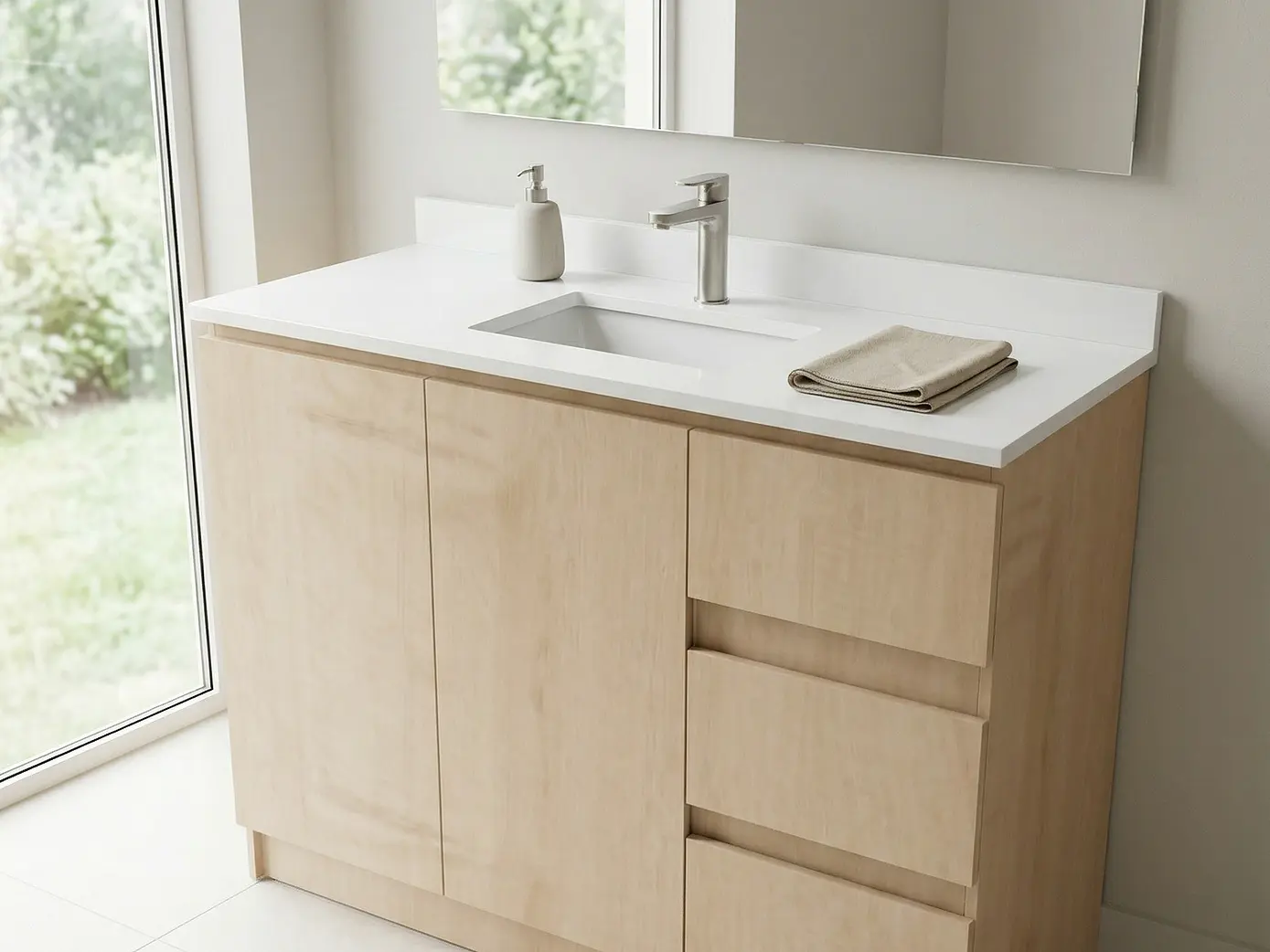 Mueble vanitorio al piso de 130 cm con cubierta de cuarzo M2-1338 / Rustico 1