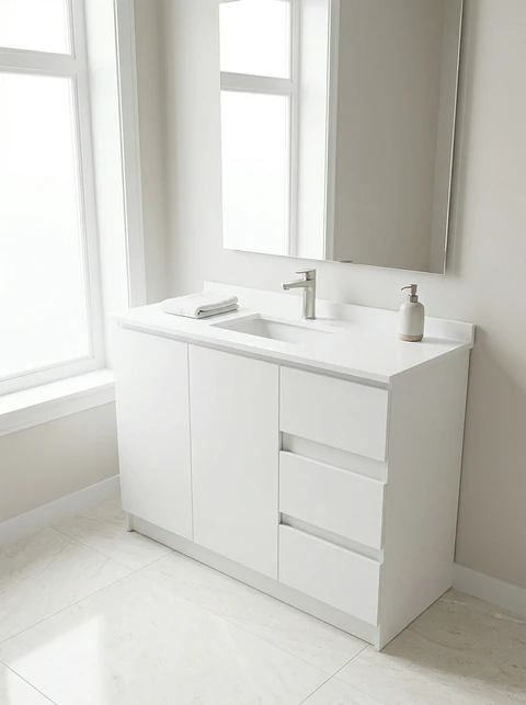 Mueble vanitorio al piso de 120 cm con cubierta de cuarzo M2-1238 / Blanco