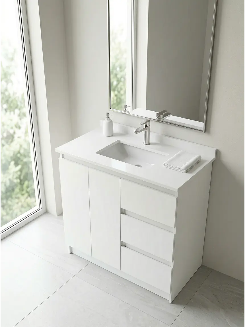 Mueble vanitorio al piso de 90 cm con cubierta de cuarzo M2-938 / Blanco 1
