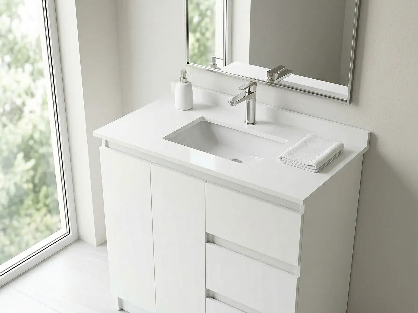 Mueble vanitorio al piso de 90 cm con cubierta de cuarzo M2-938 / Blanco 1