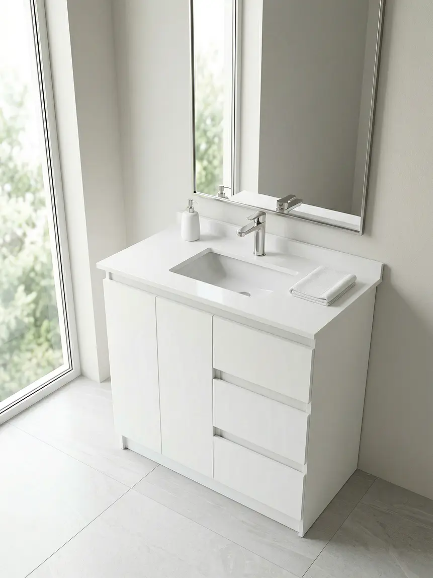 Mueble vanitorio al piso de 90 cm con cubierta de cuarzo M2-938 / Blanco 1