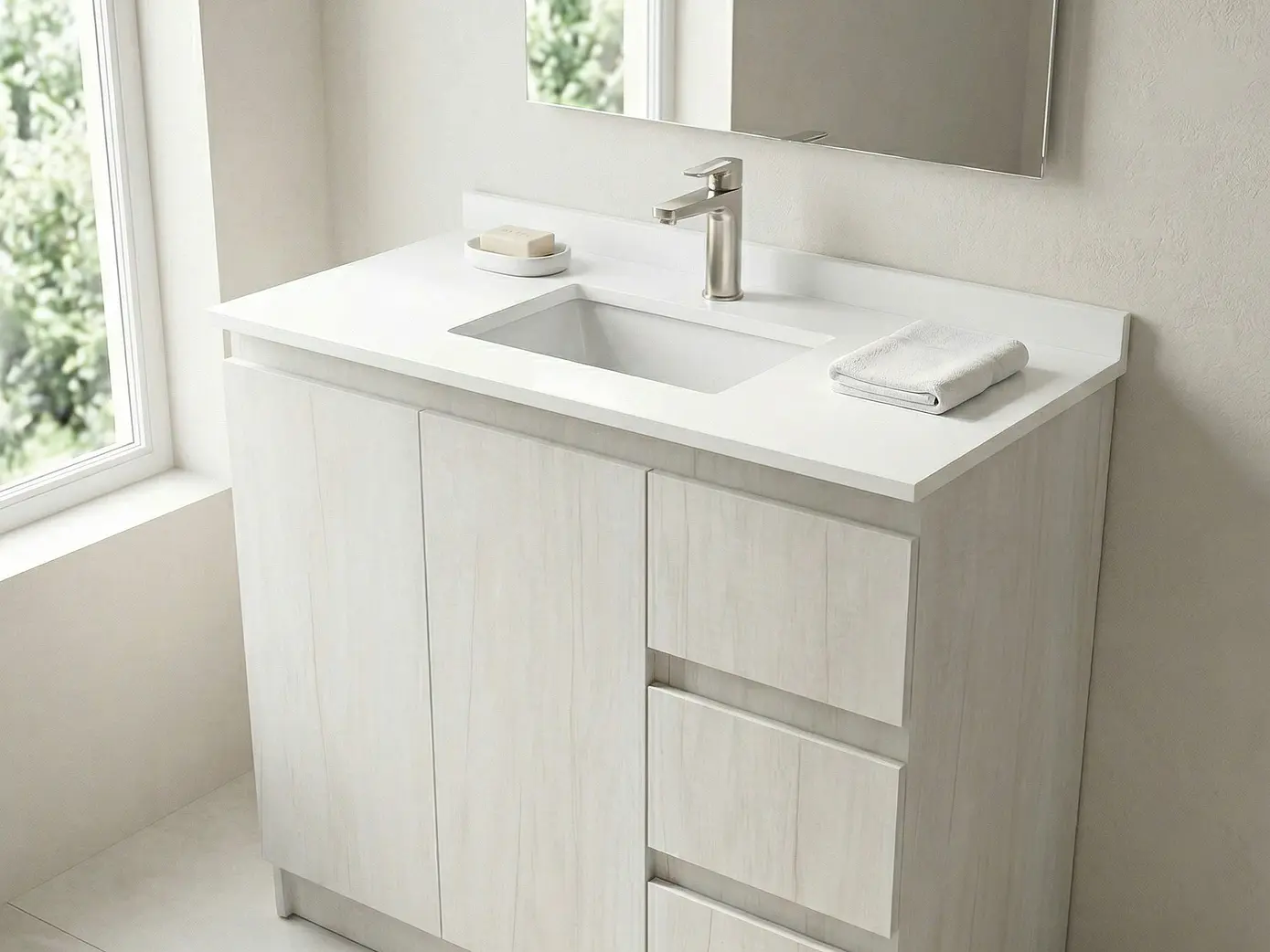 Mueble vanitorio al piso de 90 cm con cubierta de cuarzo M2-938 / Toscana 1