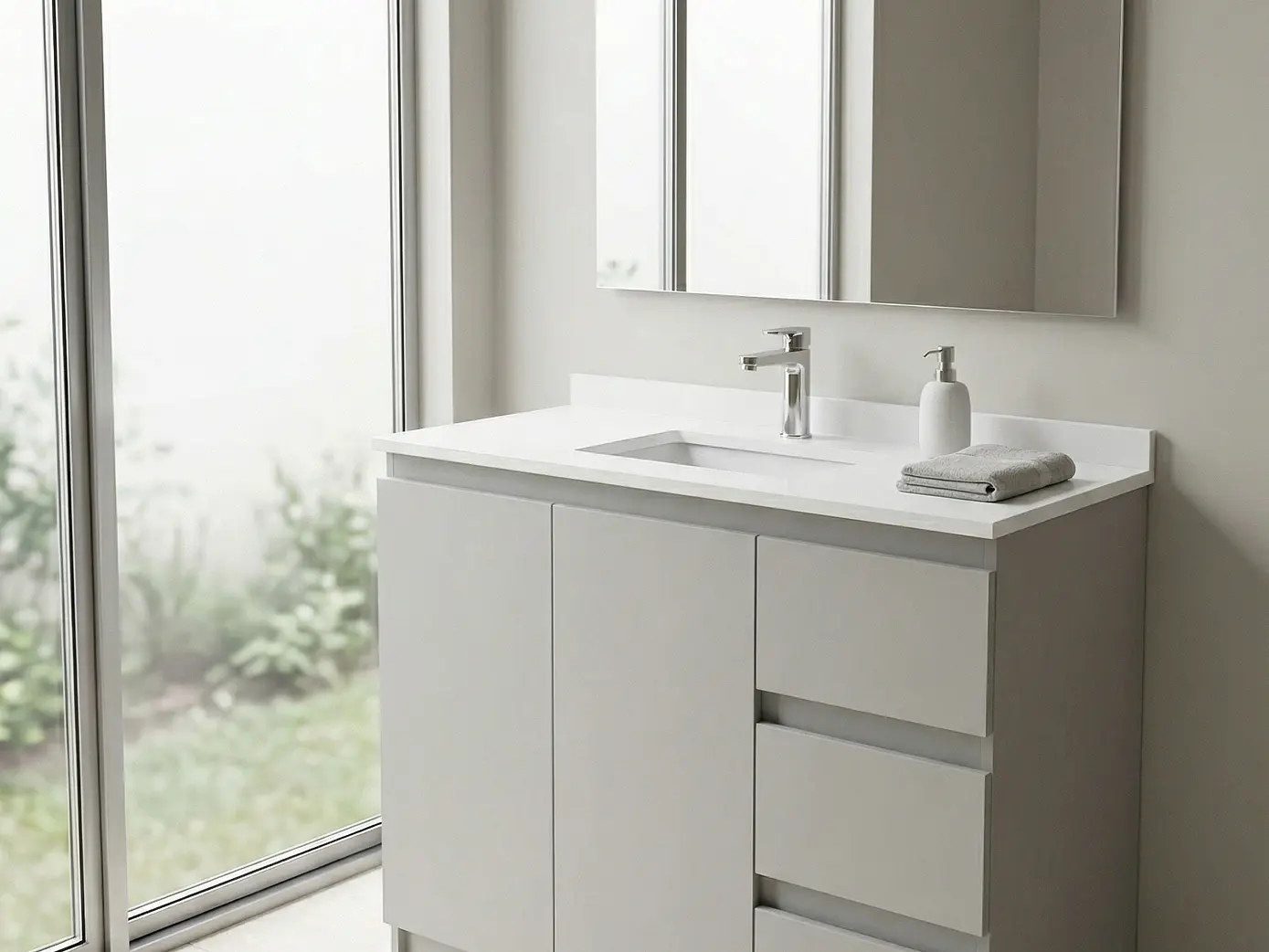 Mueble vanitorio al piso de 90 cm con cubierta de cuarzo M2-938 / Giorno 1