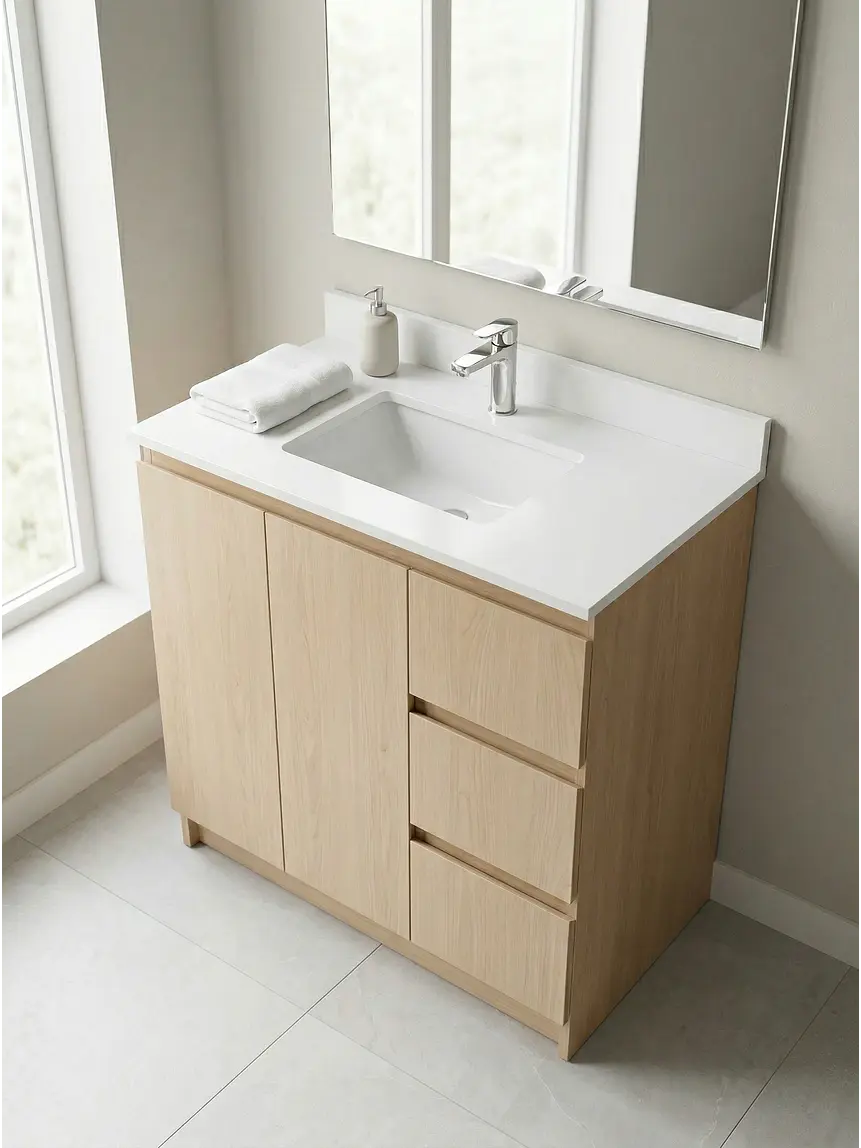 Mueble vanitorio al piso de 90 cm con cubierta de cuarzo M2-938 / Rustico 1