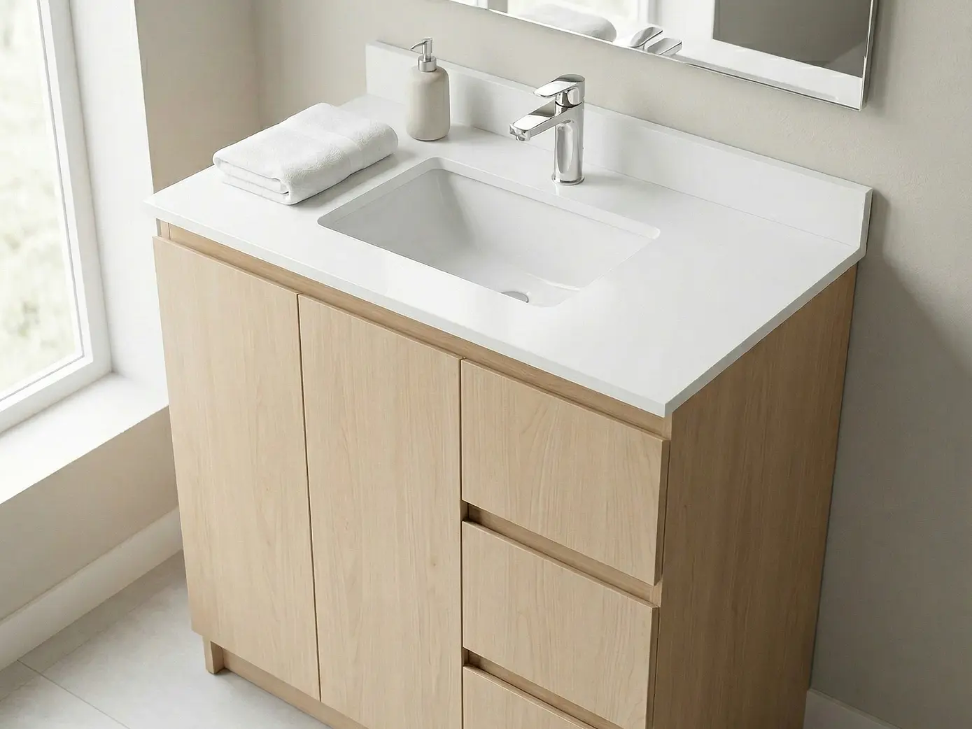 Mueble vanitorio al piso de 90 cm con cubierta de cuarzo M2-938 / Rustico 1