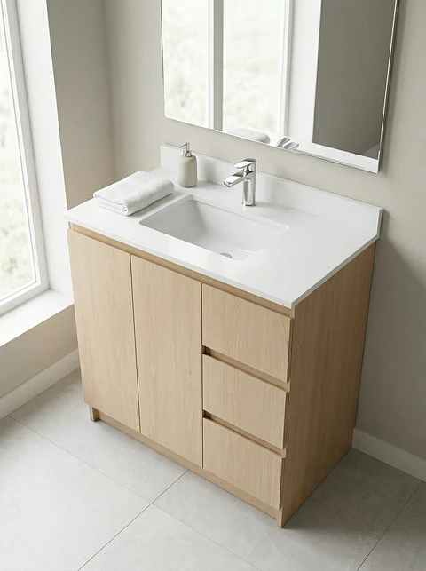 Mueble vanitorio al piso de 90 cm con cubierta de cuarzo M2-938 / Rustico