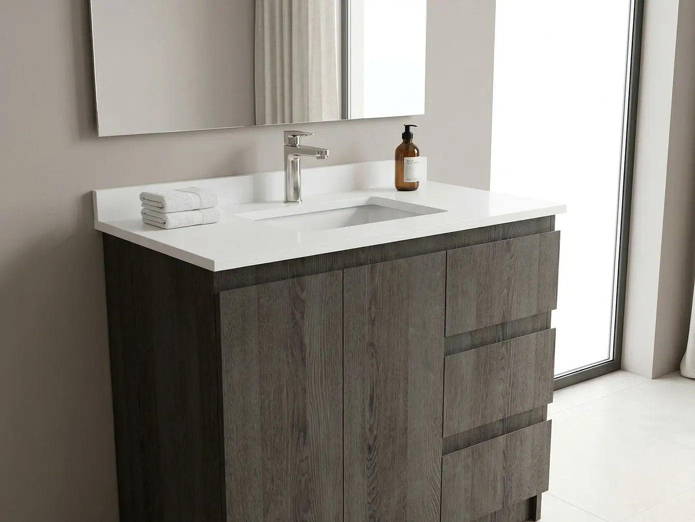 Mueble vanitorio al piso de 90 cm con cubierta de cuarzo M2-938 / Espresso 1
